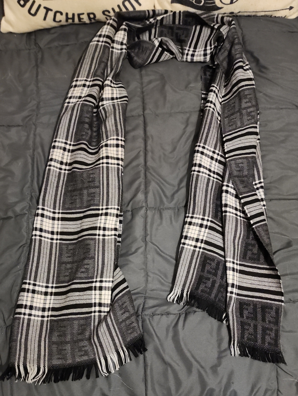 Authentic Fendi Black, Gray & White Plaid Unisex Fringe Scarf - Wow! 🧣